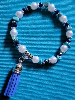 Blue and White Beaded Wrist Wrap with Tassel Charm